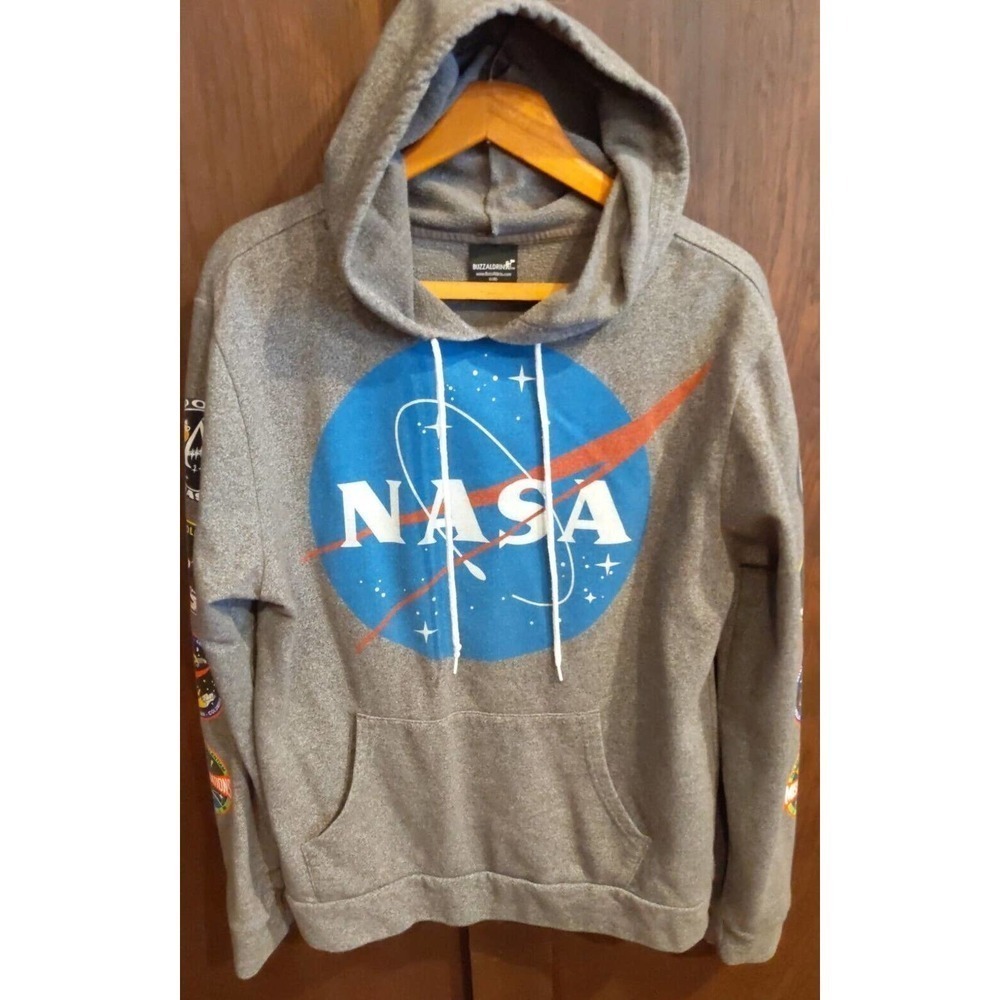 Buzz Aldrin NASA Hoodie Gray Drawstring Pullover Hooded Sweatshirt Men's Small